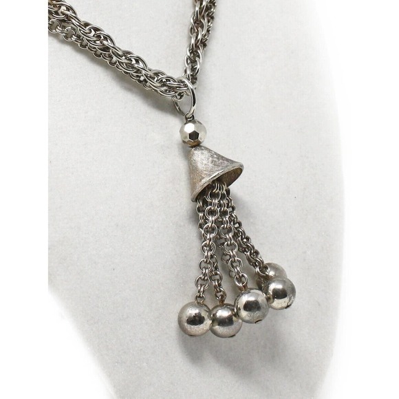 Vintage Ball Tassel Necklace Silver Metal Multi Chain Faceted Beads 26" -Hey Viv - Picture 2 of 5